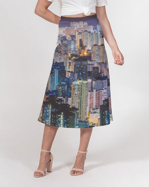 Hong Kong Night View Women's A-Line Midi Skirt (Black and Grey)