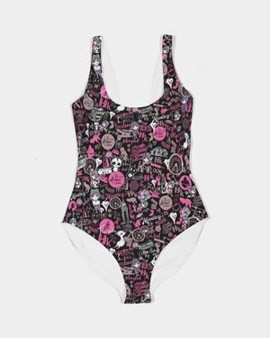 Hong Kong Pattern Women's One-Piece Swimsuit (Black)