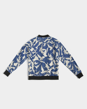 Pigeons Pattern Women's Bomber Jacket (Blue and Beige)