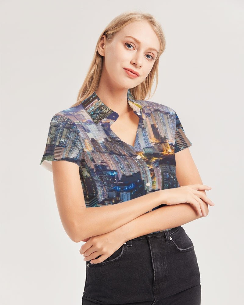 Hong Kong Night View Women's Short Sleeve Button Up