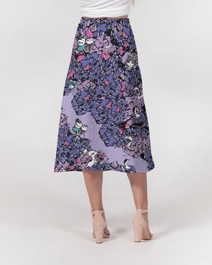 Owls Floral Women's A-Line Midi Skirt (Purple)