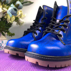 Midnight Blue Artistic Combat Boots| Violet Blue| Abstract Blue Lace-Up Boots| Cobalt Brushstroke Leather Boots| Vegan Leather| Women| Men