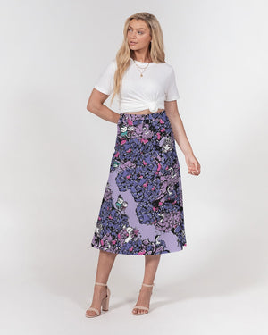 Owls Floral Women's A-Line Midi Skirt (Purple)