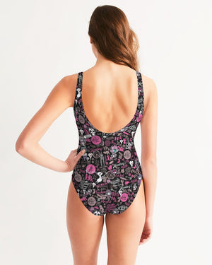 Hong Kong Pattern Women's One-Piece Swimsuit (Black)