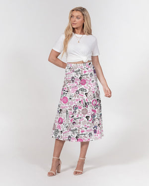 Hong Kong Pattern Women's A-Line Midi Skirt (Pink and White)