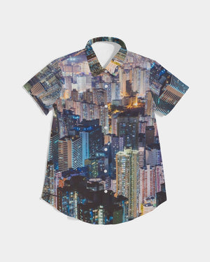 Hong Kong Night View Women's Short Sleeve Button Up