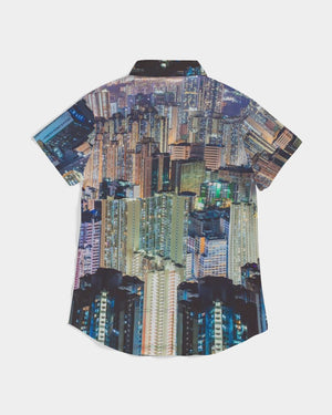 Hong Kong Night View Women's Short Sleeve Button Up