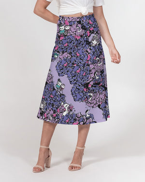 Owls Floral Women's A-Line Midi Skirt (Purple)