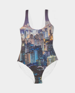 Hong Kong Night View Women's One-Piece Swimsuit (Black and Grey)