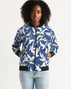 Pigeons Pattern Women's Bomber Jacket (Blue and Beige)