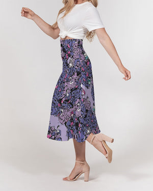 Owls Floral Women's A-Line Midi Skirt (Purple)