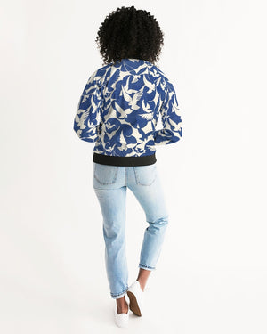 Pigeons Pattern Women's Bomber Jacket (Blue and Beige)